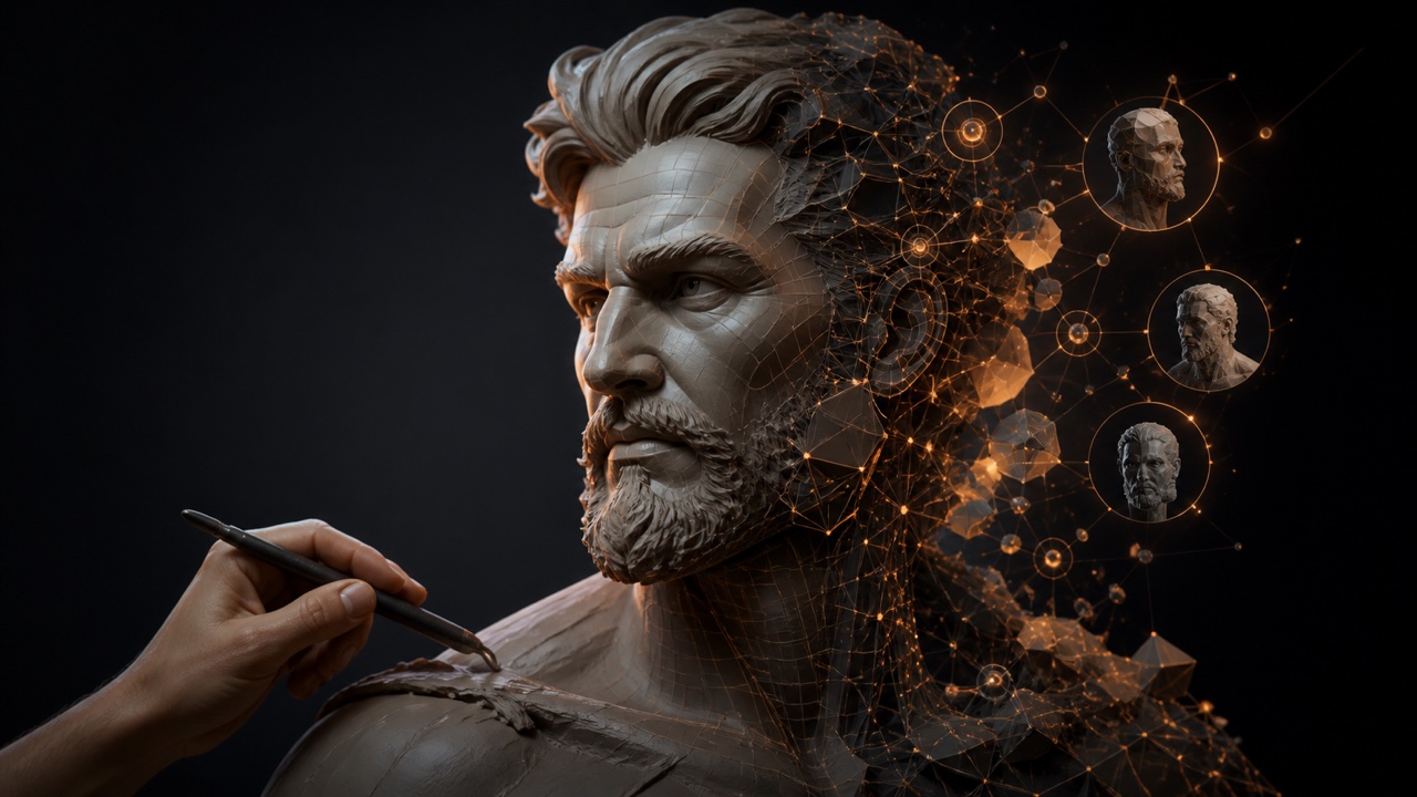 Artista 3D refinando con criterio humano un asset creado con ayuda de inteligencia artificial.