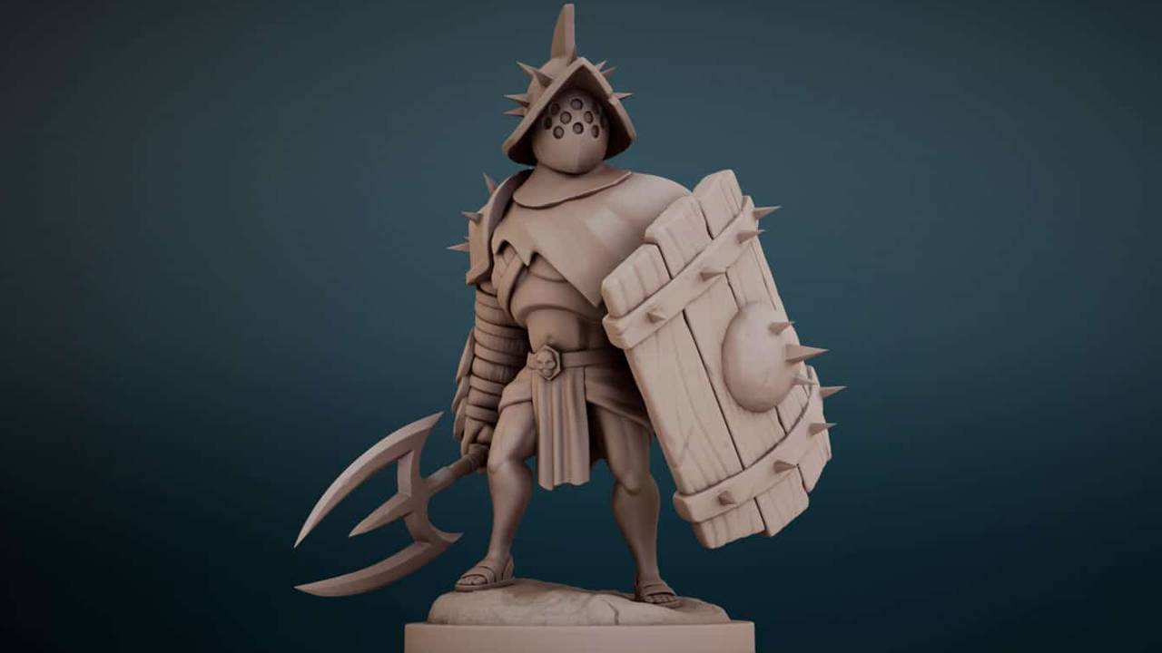 Personaje con armadura, escudo y tridente del curso de Escultura de personajes con Blender