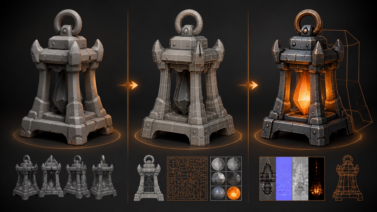 Diferencia entre una generaci&oacute;n 3D visual y un asset preparado para producci&oacute;n.