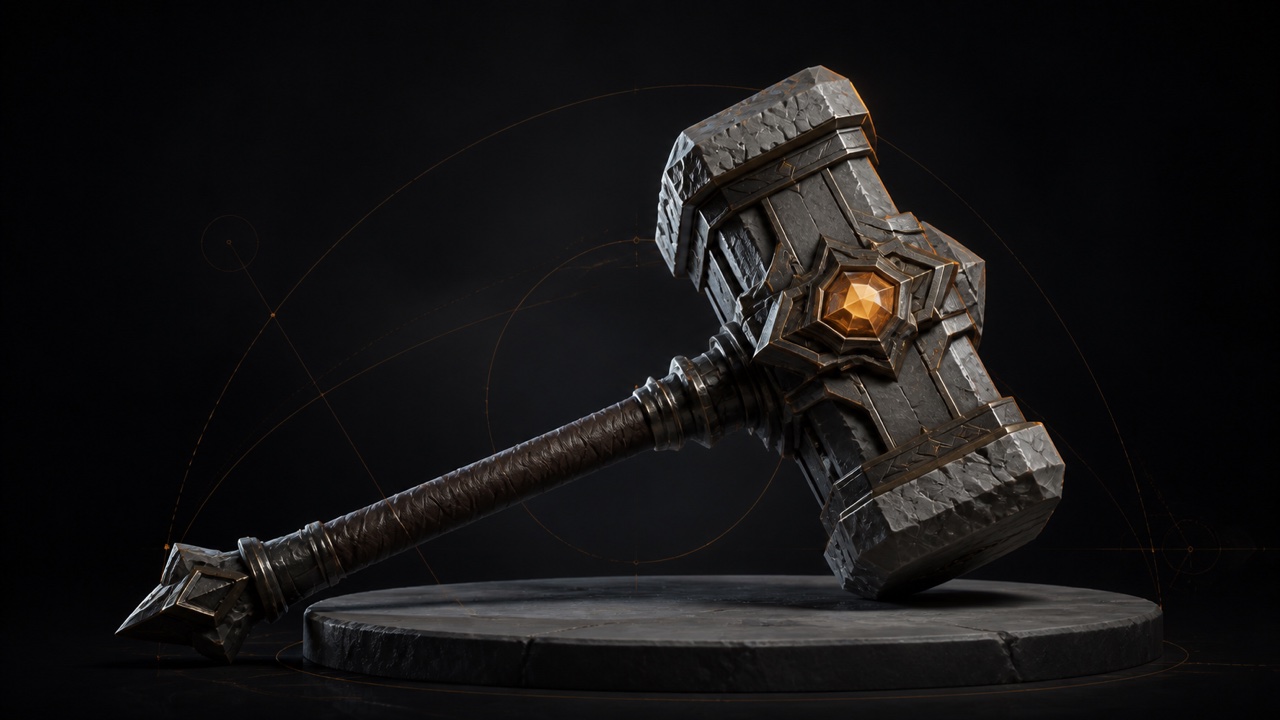 Martillo 3D estilizado con jerarquía de formas, silueta fuerte y punto focal ámbar.