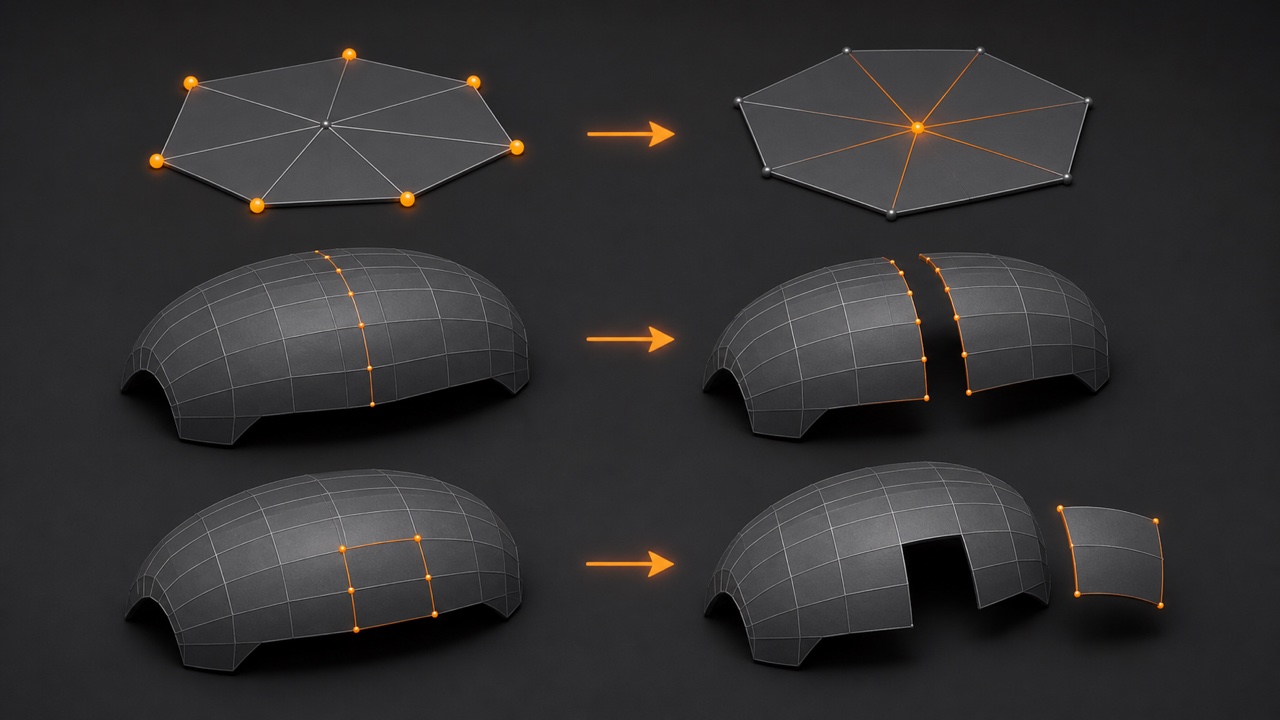 Diferencias entre unir, desconectar y separar geometría en Blender.