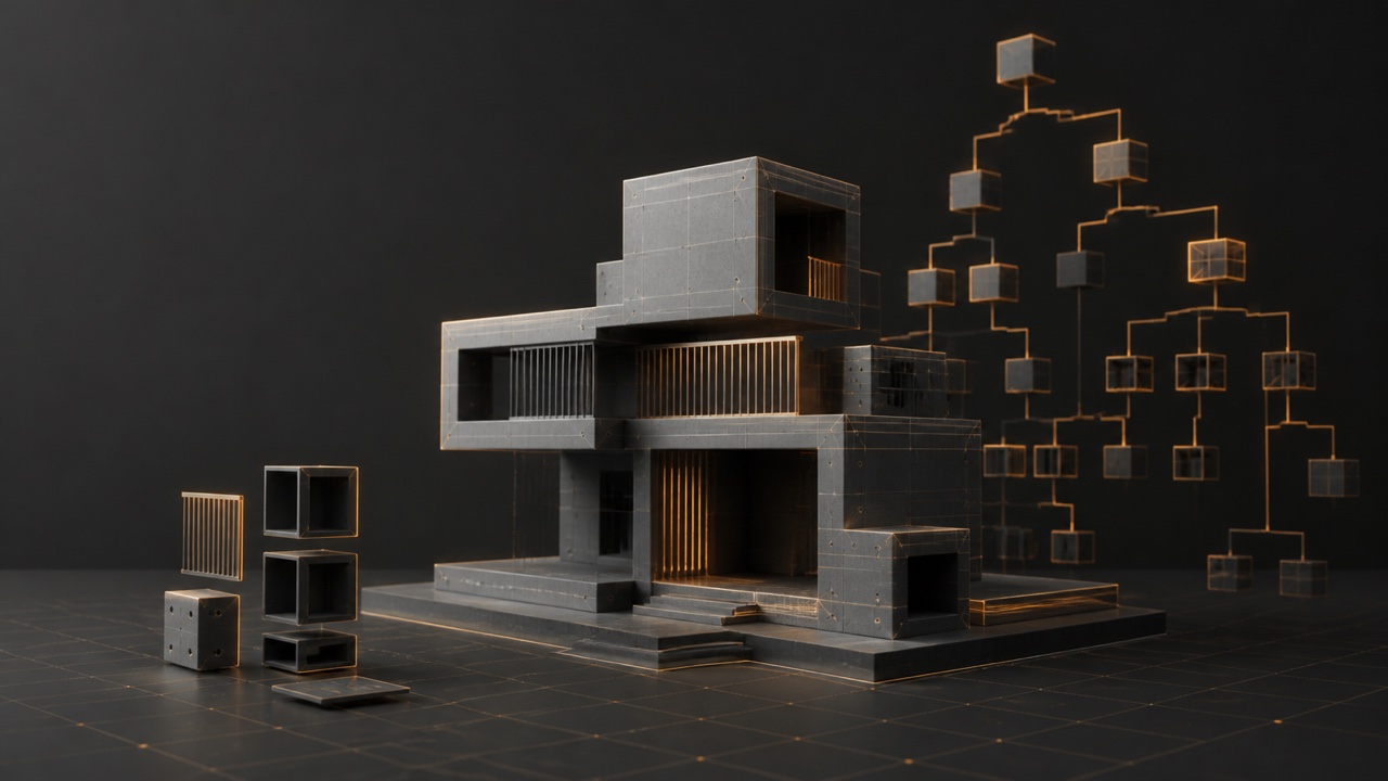 Escena modular organizada con Snap, instancias y colecciones en Blender.
