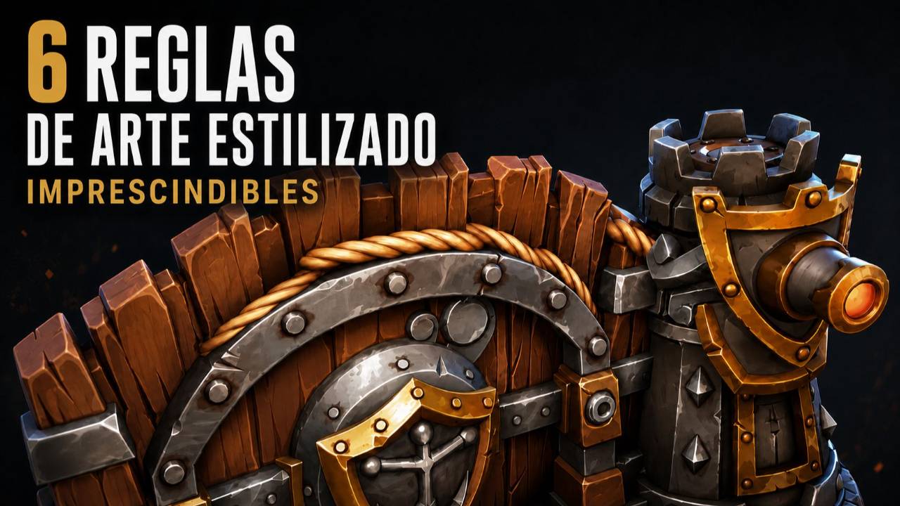 Martillo 3D estilizado con jerarquía de formas, silueta fuerte y punto focal ámbar.
