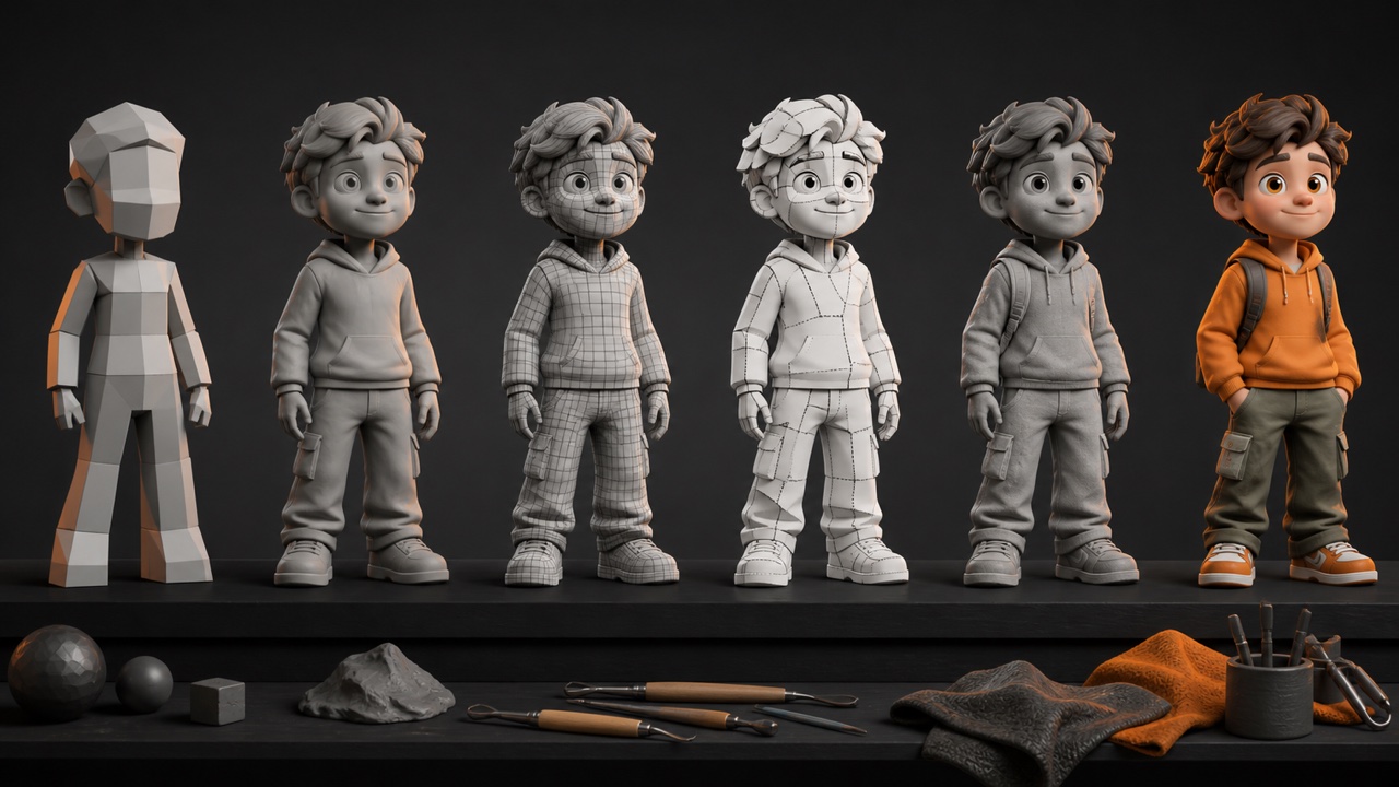 Etapas de un personaje 3D desde el bloqueo hasta la presentación final.
