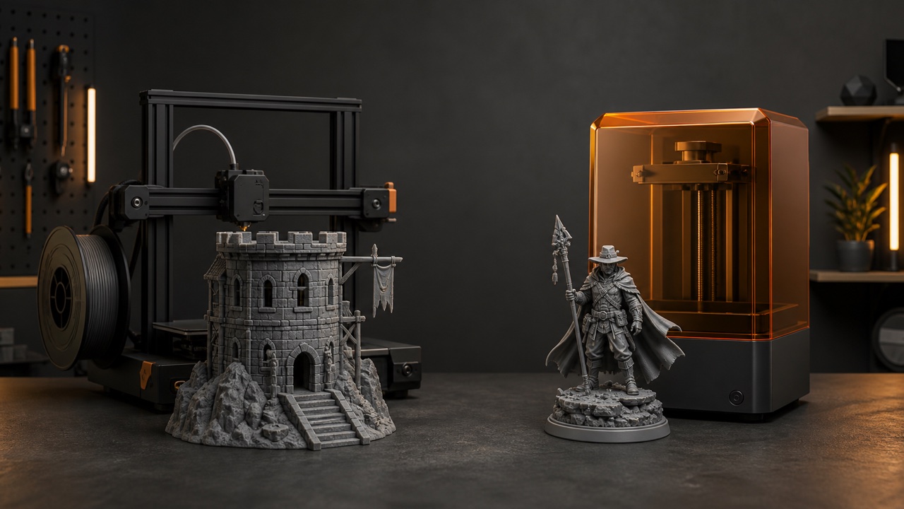 Impresoras 3D de filamento y resina en un taller de miniaturas.