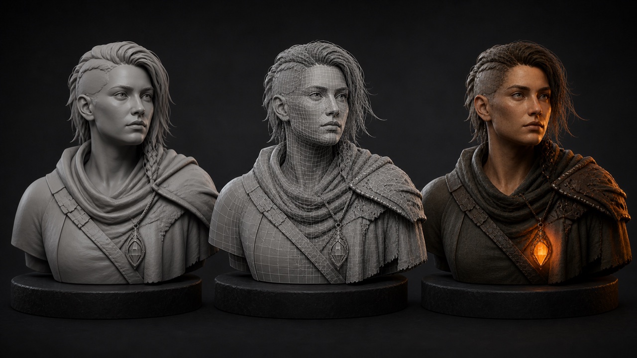 Tres etapas del mismo personaje 3D: clay, topología de producción y acabado final.