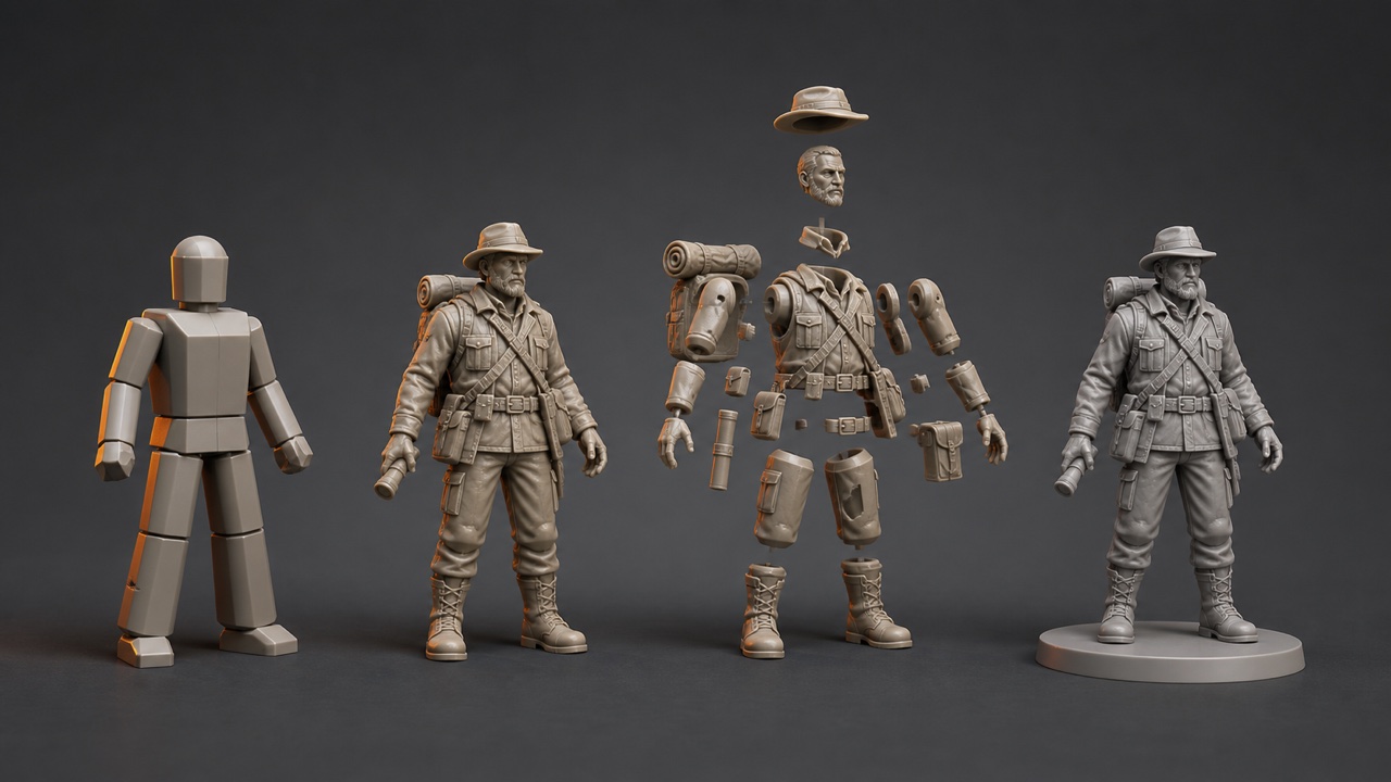 Evolución de una miniatura desde el bloqueado hasta la impresión por piezas.