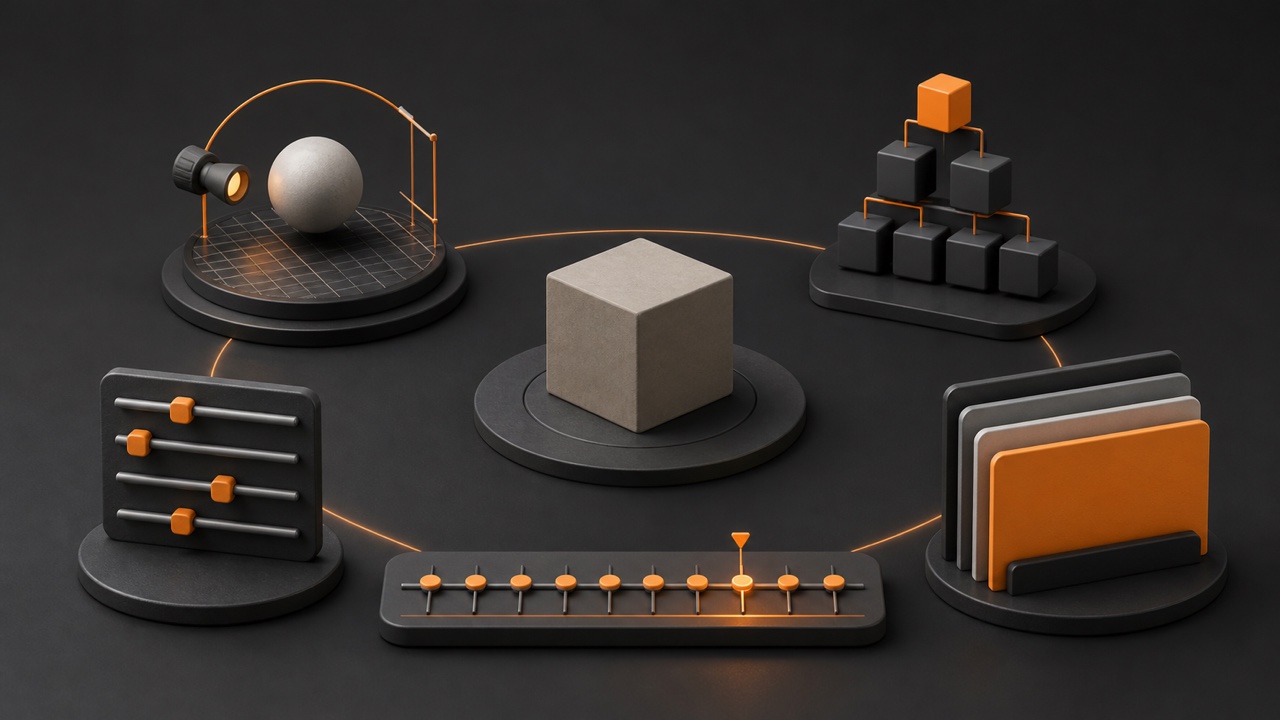 Cinco conceptos básicos de un espacio de creación 3D representados con geometría.