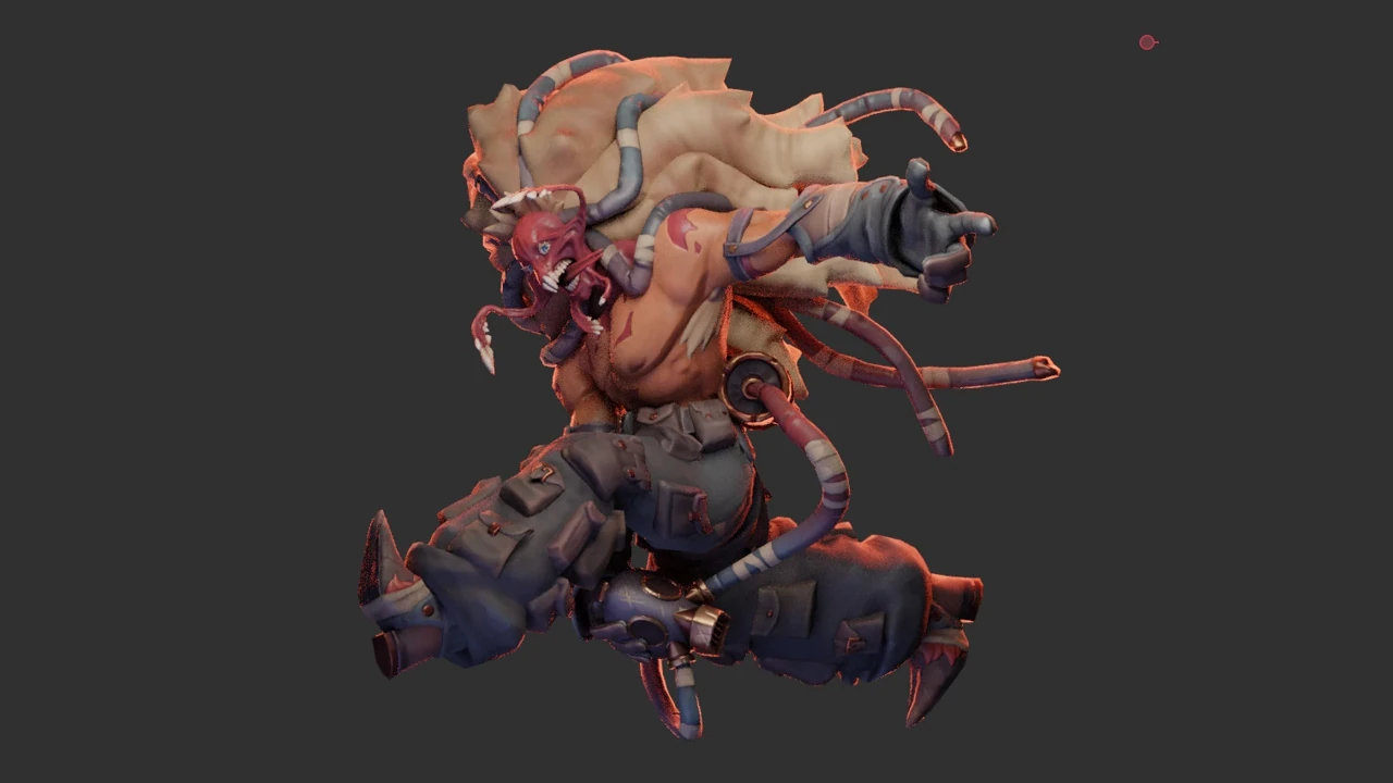 The Meat Mask, personaje 3D de Adrián Maldonado, en una pose dinámica.