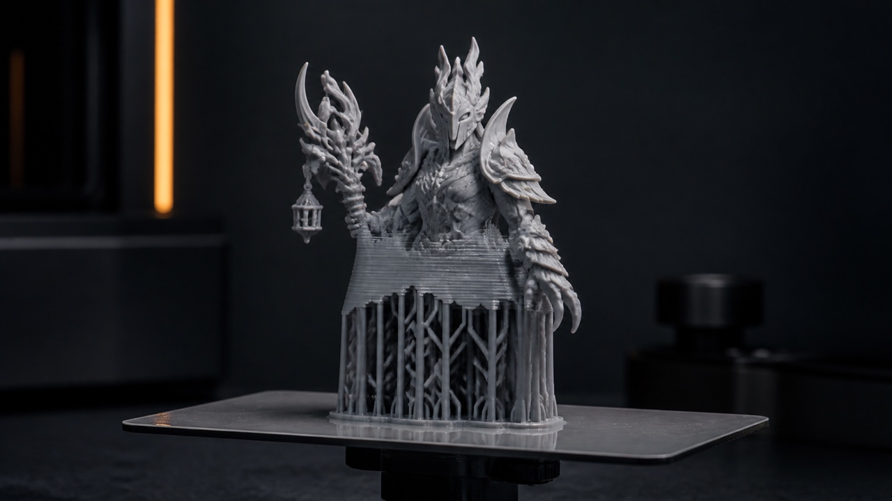 Miniatura de resina incompleta con soportes visibles tras un fallo de impresión.