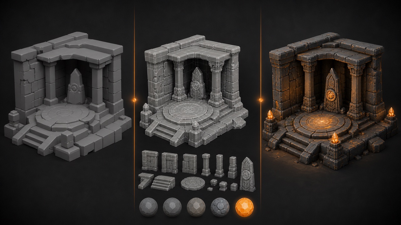 Proceso de una escena modular desde el blocking hasta el render final.