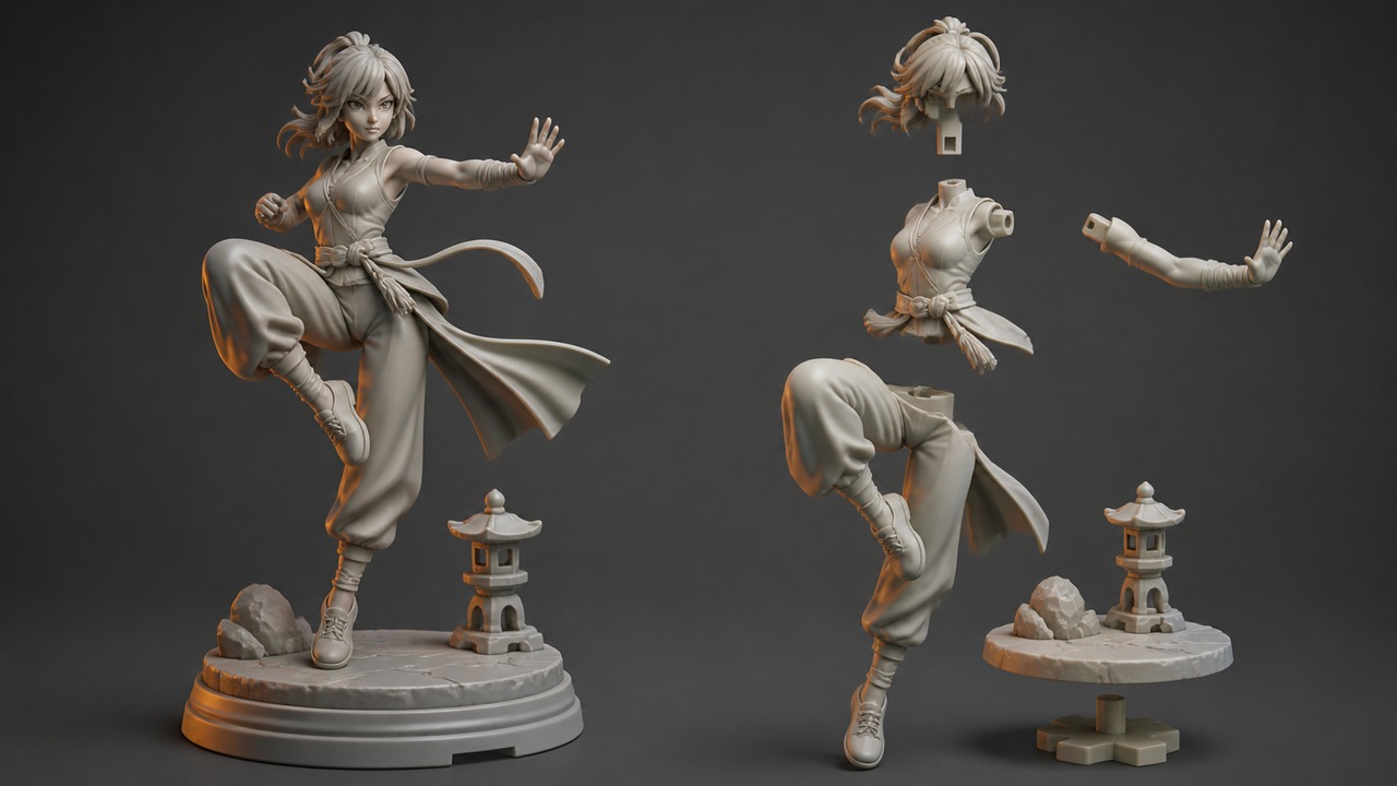 Figura coleccionable original de inspiración anime, montada y separada en piezas con encajes para impresión 3D.