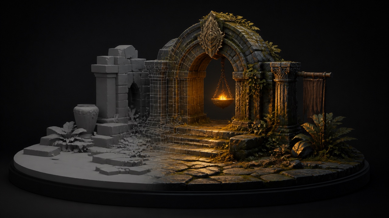 Diorama de ruinas estilizadas que pasa de blocking y wireframe a entorno final iluminado.