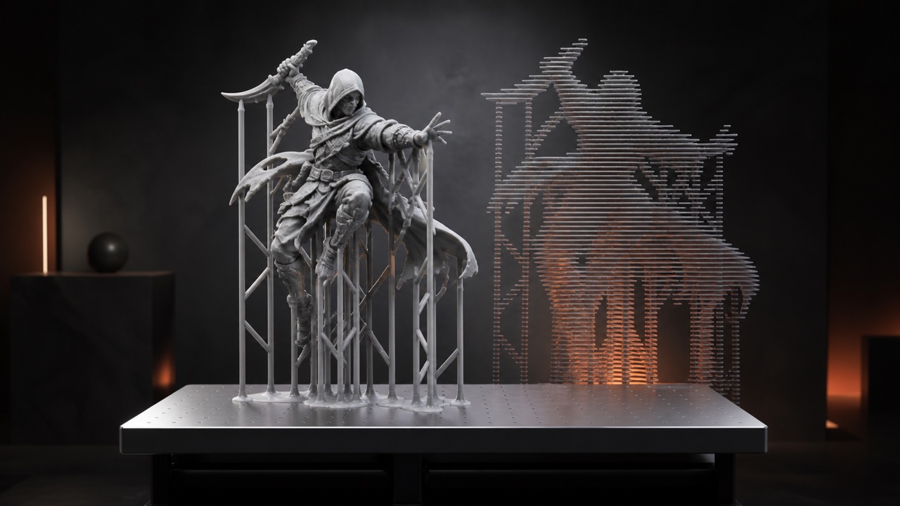 Representación conceptual de soportes y capas al preparar una miniatura para resina.