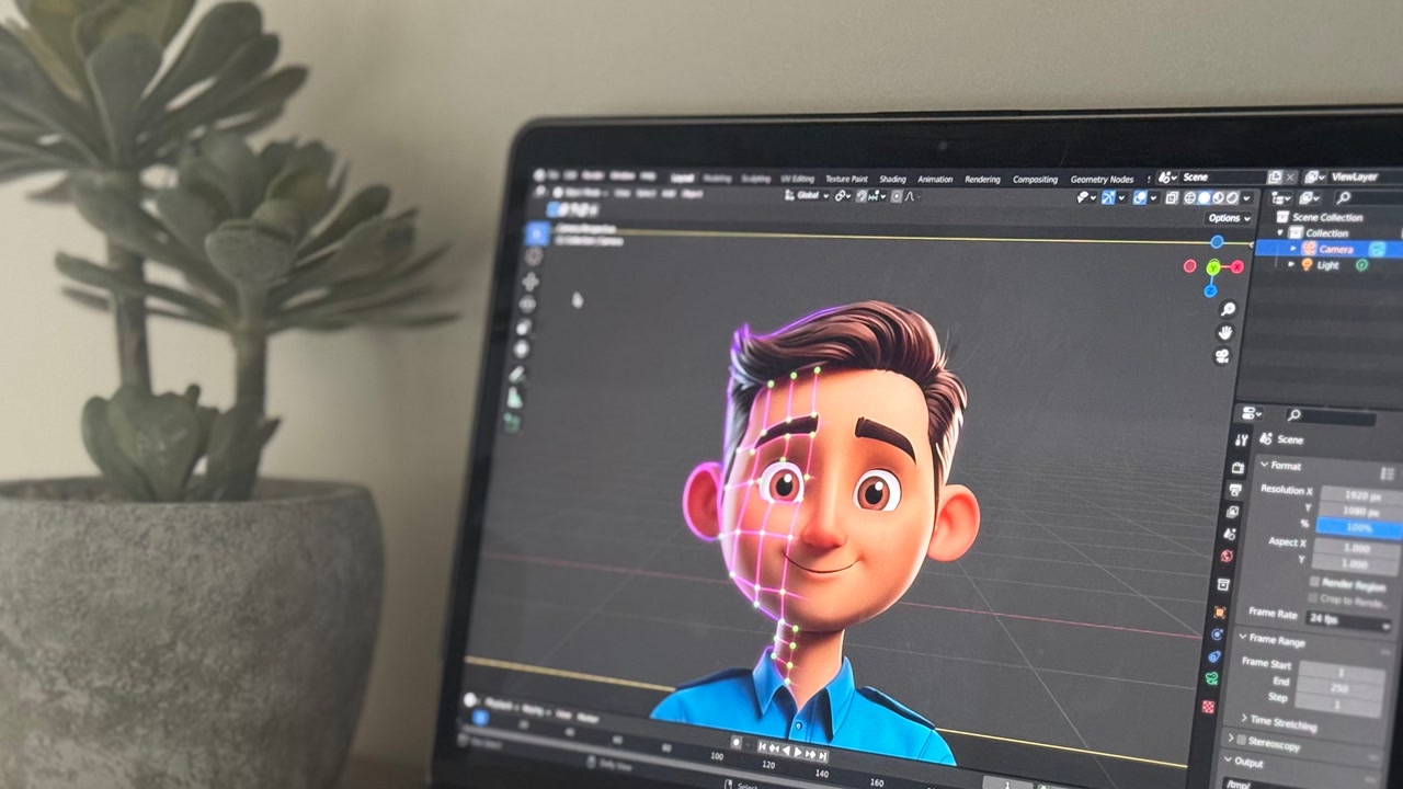 Personaje 3D estilizado con malla facial visible en la pantalla de un portátil.