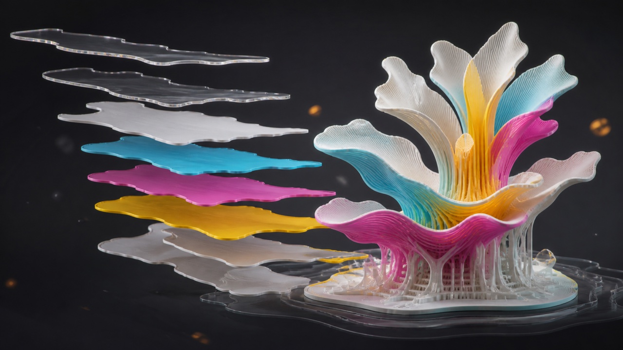 Ilustración conceptual de materiales de color y soporte formando una pieza por capas.