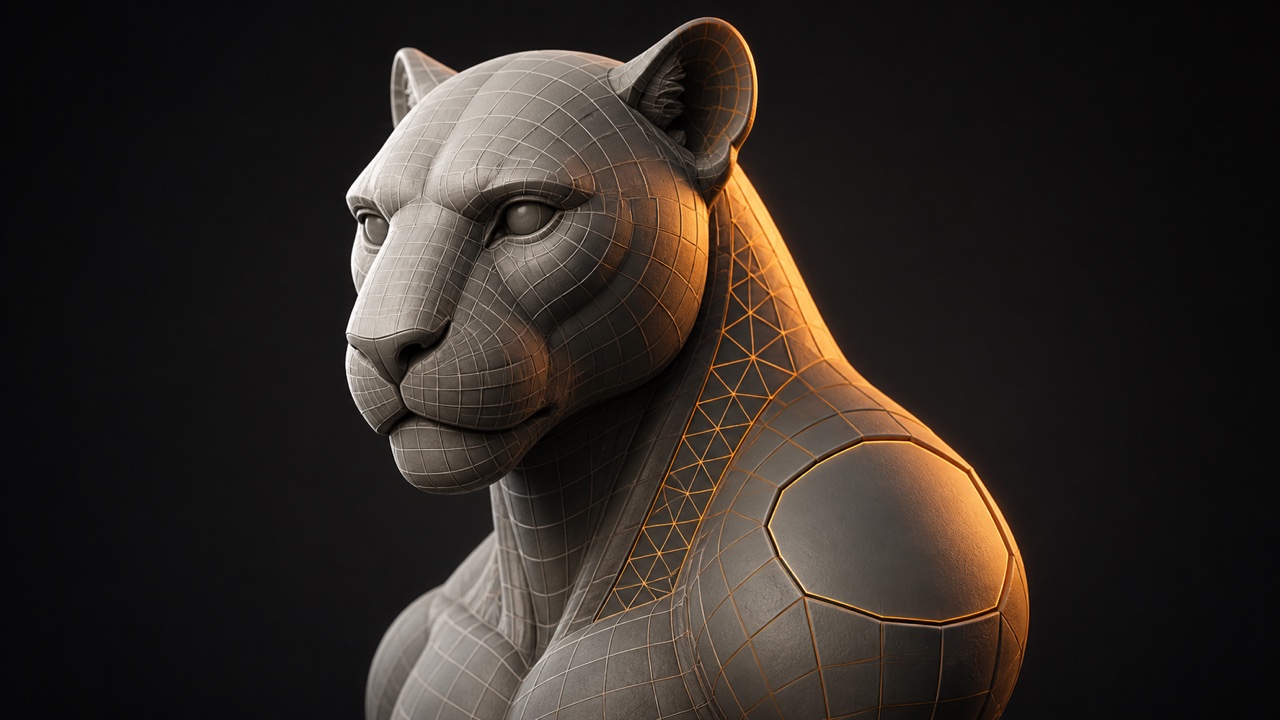 Busto 3D con distintas estrategias de topología según la función de la superficie.