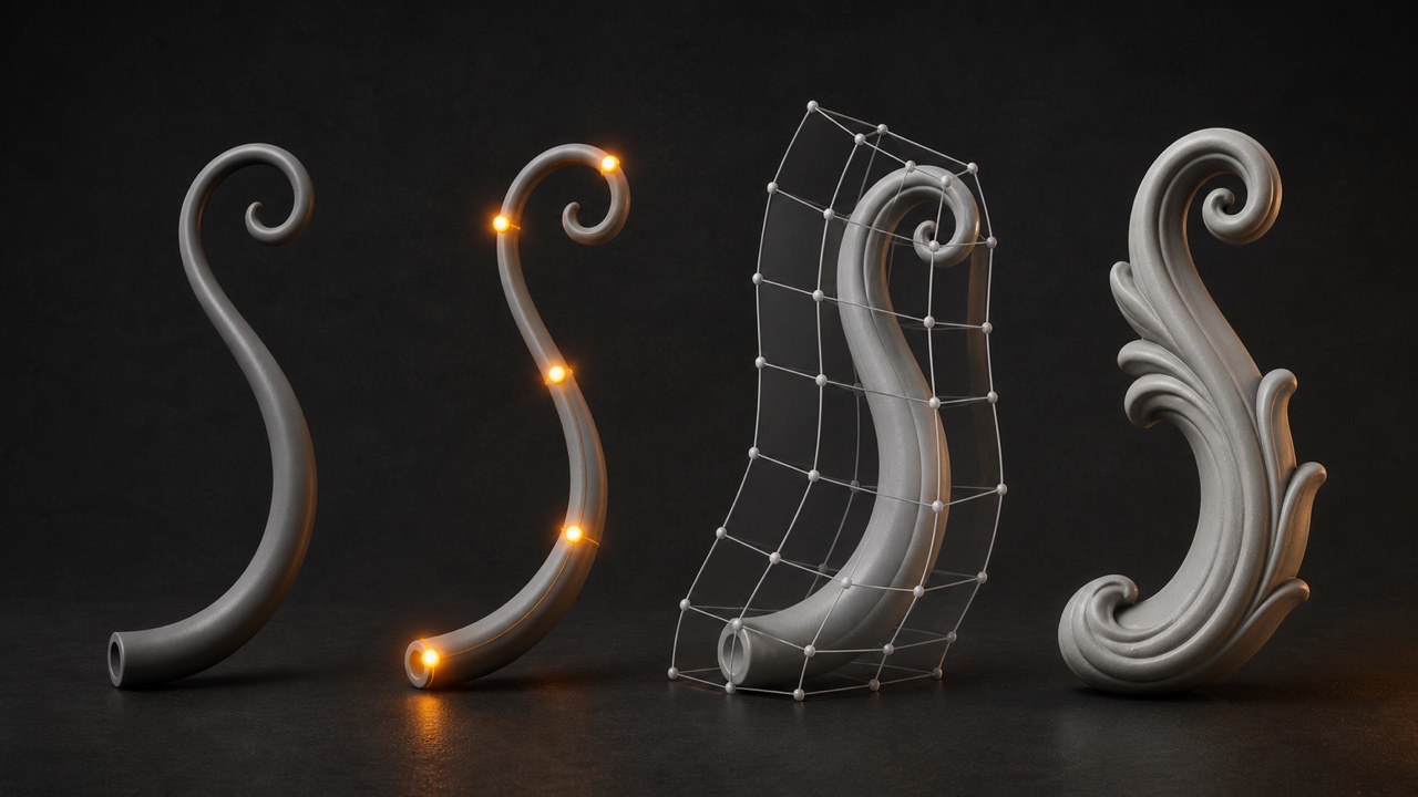 Evolución de un ornamento 3D mediante Tube, edición de curva y deformación Lattice.