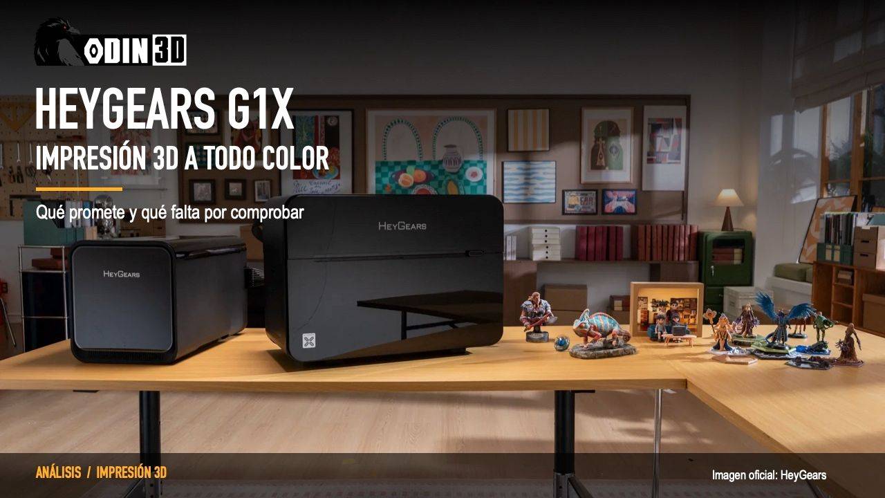 HeyGears G1X y modelos a color en una imagen oficial de HeyGears, con diseño de portada Odin3D.