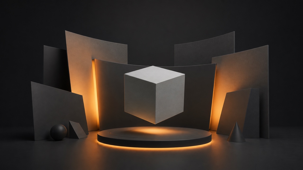 Cubo 3D preparado para comenzar en un espacio de trabajo abstracto.