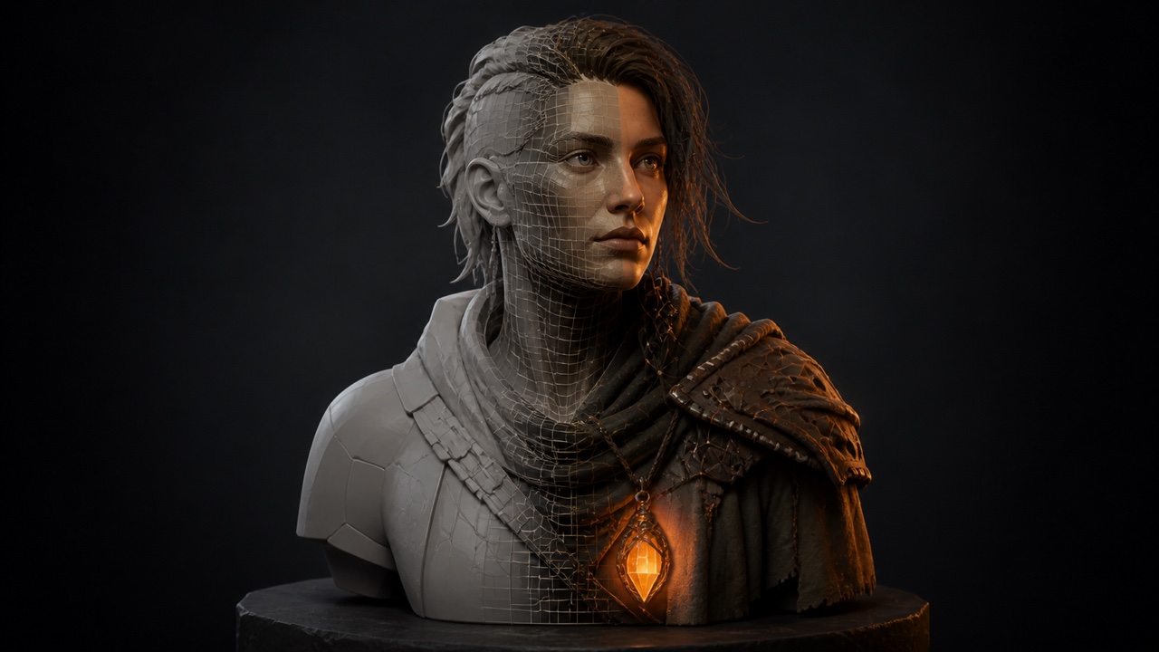 Busto de personaje fantástico que pasa de escultura en clay y wireframe a acabado final.