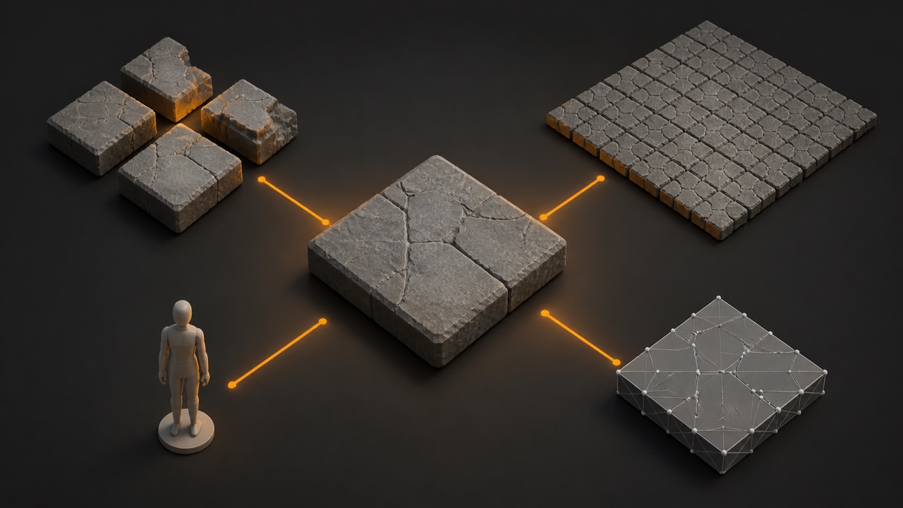 Comprobaciones de repetición, bordes, escala y geometría de un tile modular.
