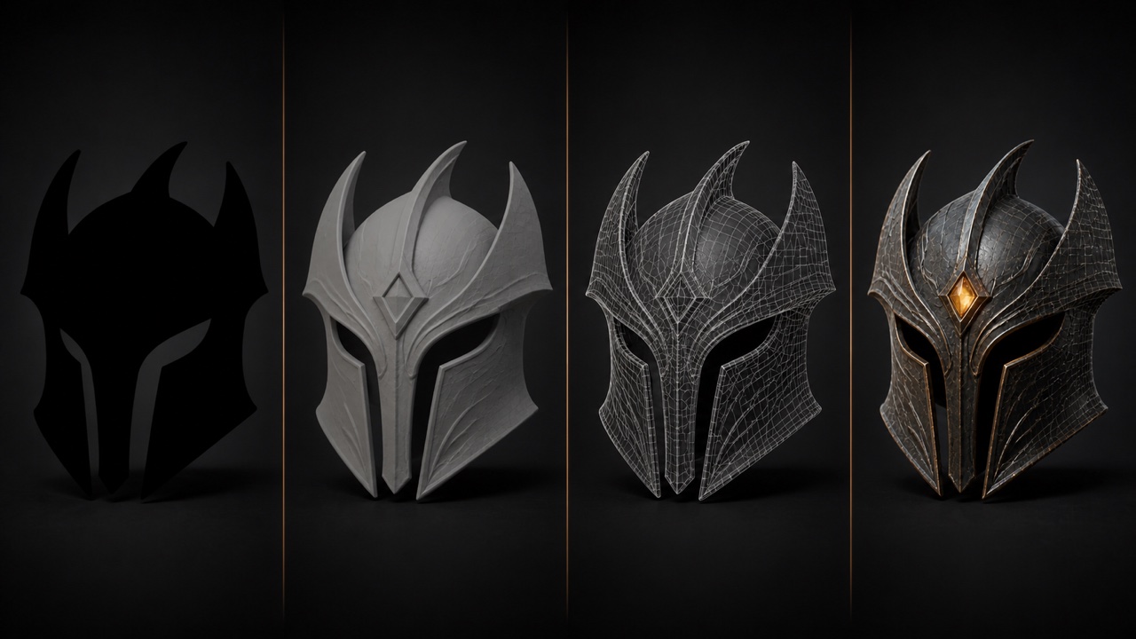Cuatro pasadas de revisión del mismo casco: silueta, clay, wireframe y render final.