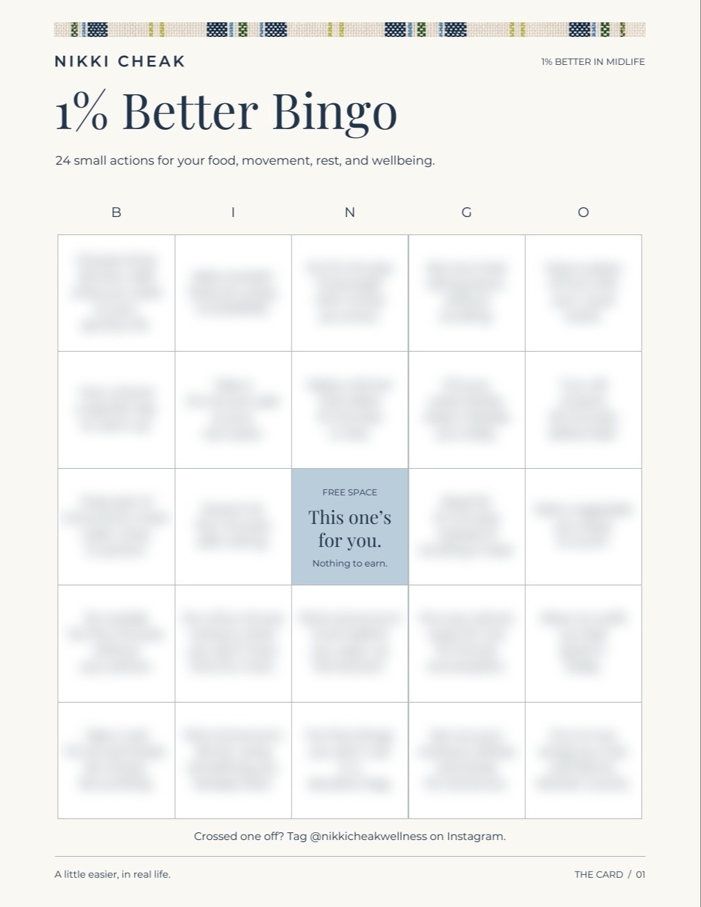 Nikki Cheak's 1% Better Bingo card, with the squares blurred until you download it
