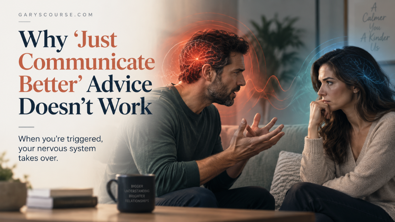 Couple mid-argument on a sofa with nervous system activity glowing around their heads — Why 'Just Communicate Better' Advice Doesn't Work