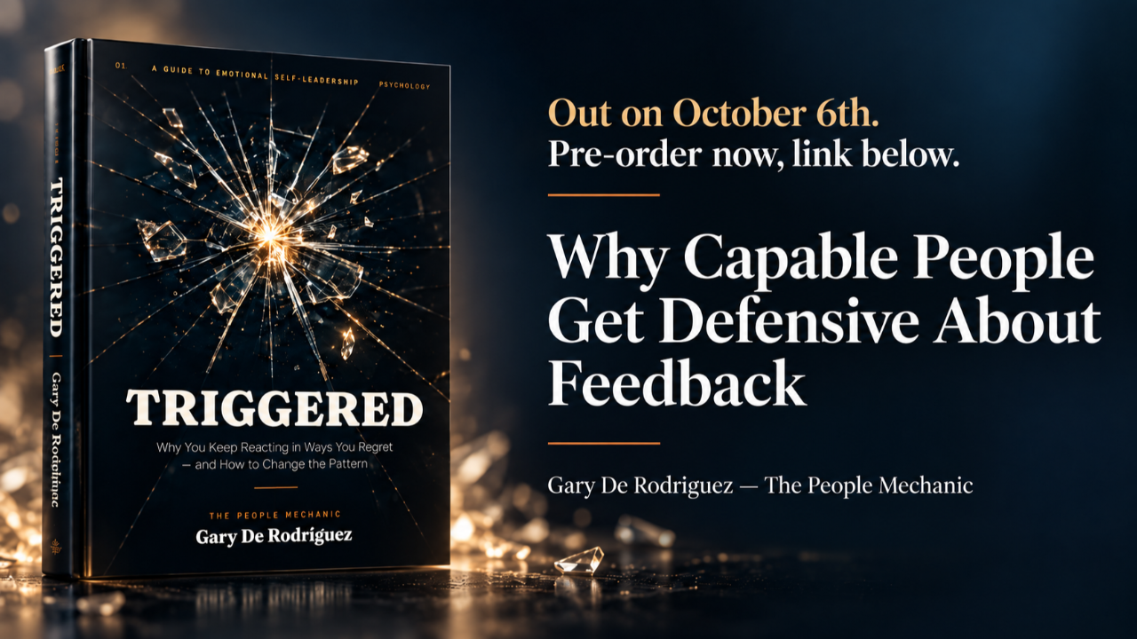 Triggered by Gary De Rodriguez book cover with shattered glass design, promoting the article ‘Why Capable People Get Defensive About Feedback,’ available October 6 with pre-order information.