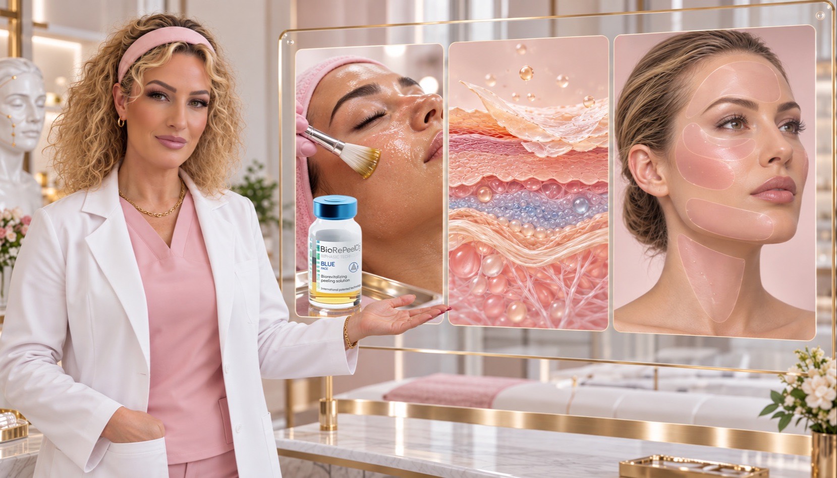 Educational illustration of a smooth PDO mono thread, conceptual skin placement and example facial assessment zones