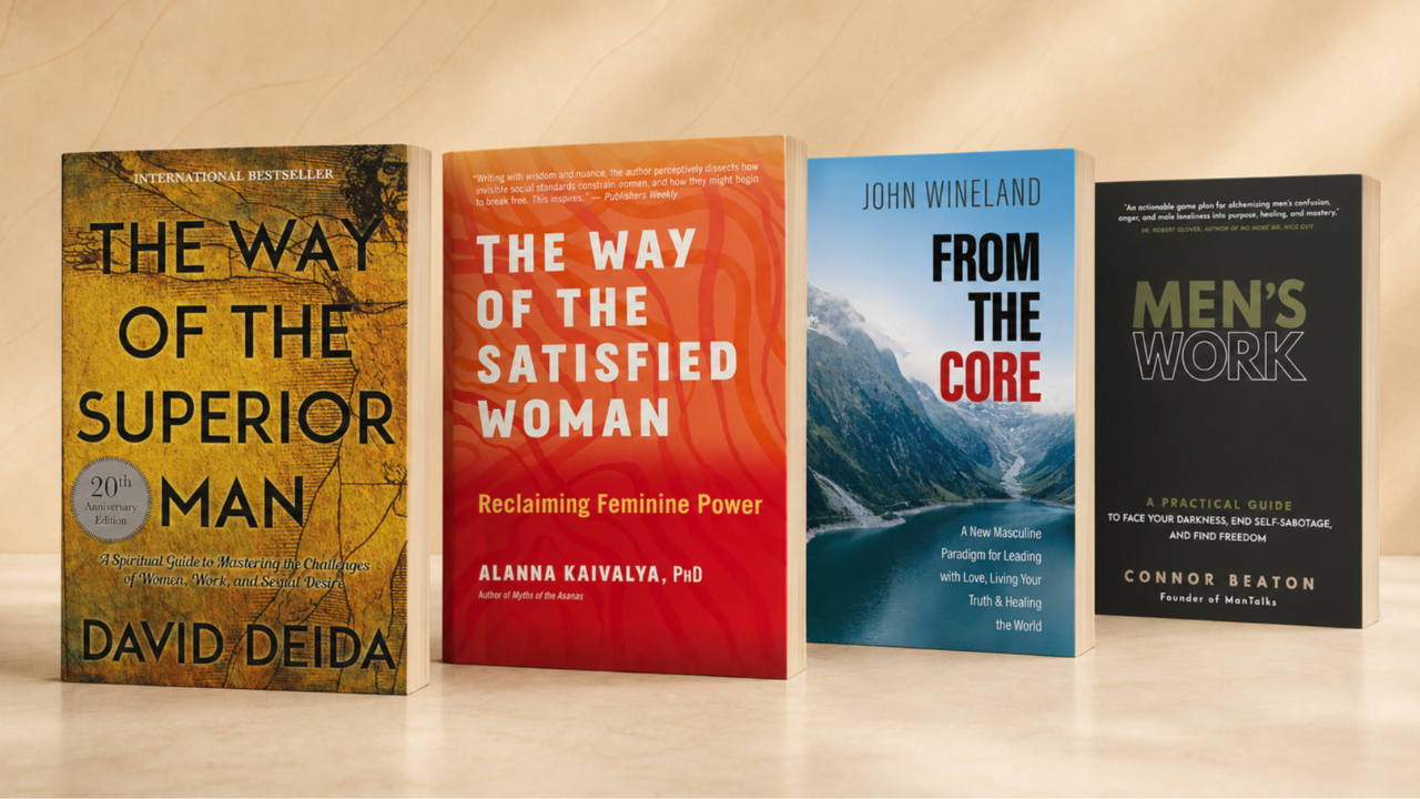 Best books about masculinity and masculine energy for women, featuring David Deida, Alanna Kaivalya, John Wineland, and Connor Beaton