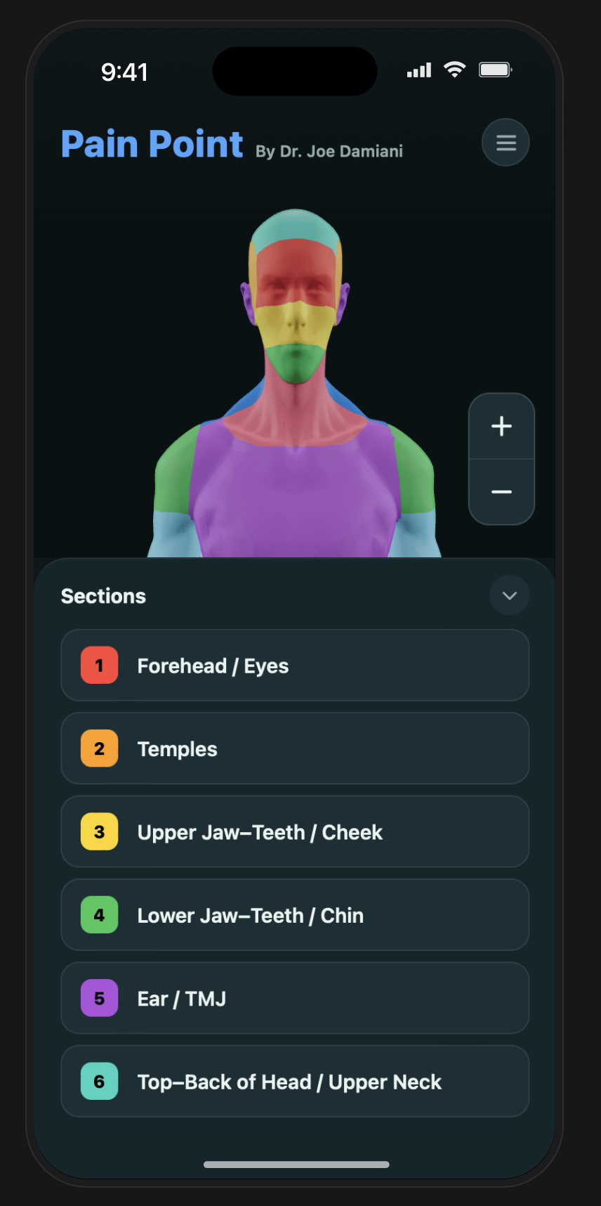 Pain Point 3D pain map viewed from the front