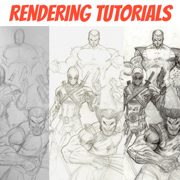Comic-art gesture, construction and final sketch progression