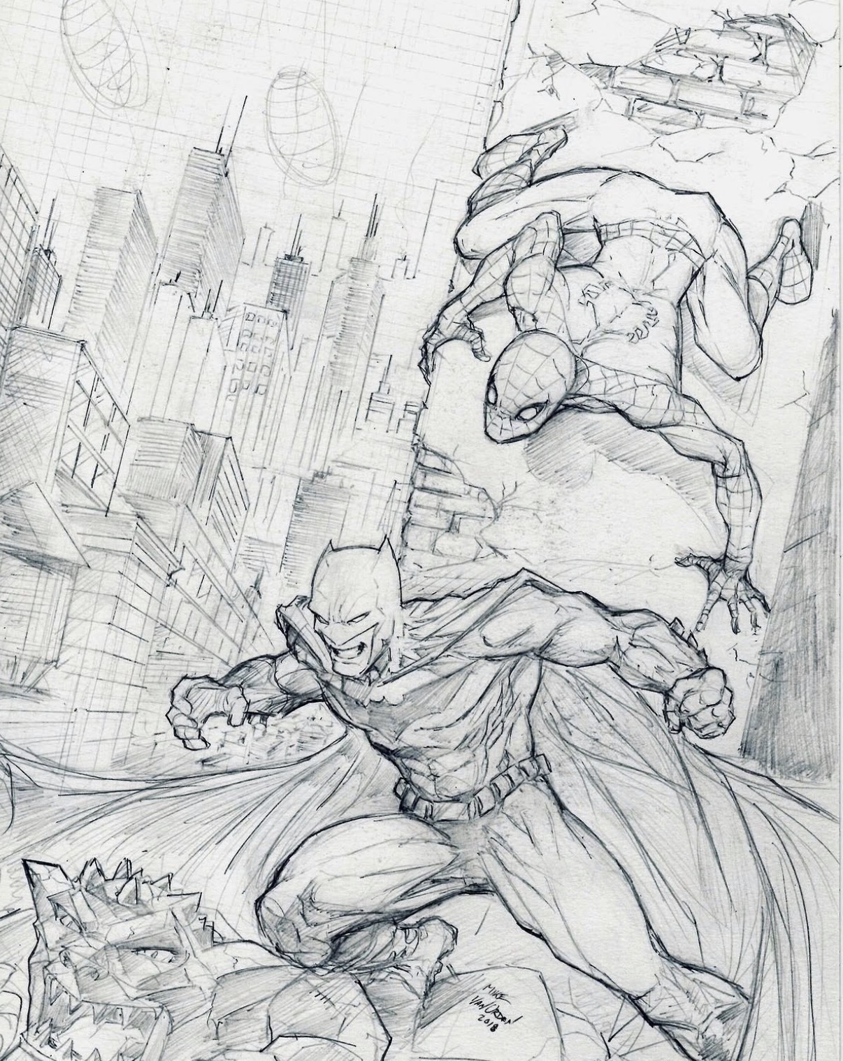 Spider-Man and Batman finished comic artwork by Mike Van Orden