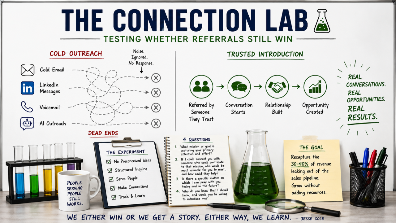 Sales referral strategy illustration comparing cold outreach with trusted introductions that lead to conversations and opportunities.