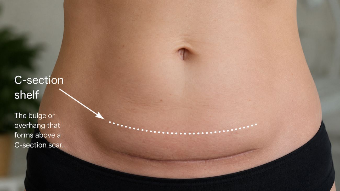 Close up of woman’s midsection showing a C-section shelf above the scar.