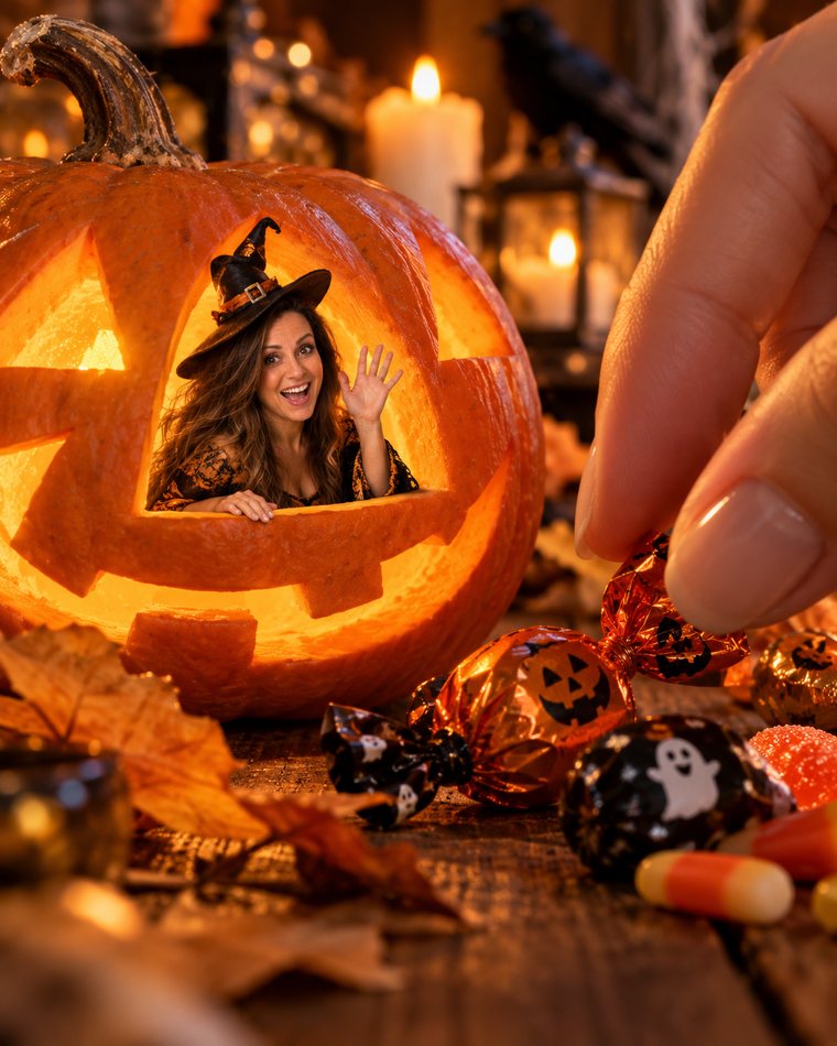 Bruja en miniatura en una calabaza
