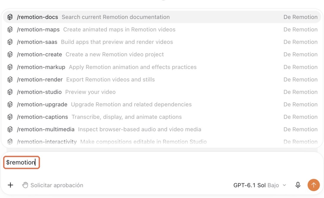 Caja de Codex con $remotion escrito y las herramientas de Remotion