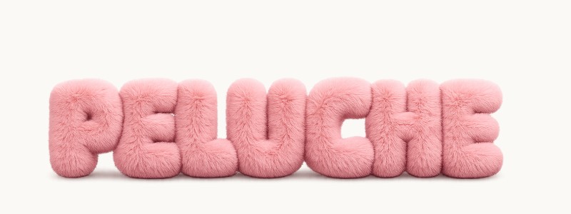 La palabra PELUCHE en letras 3D de peluche rosa