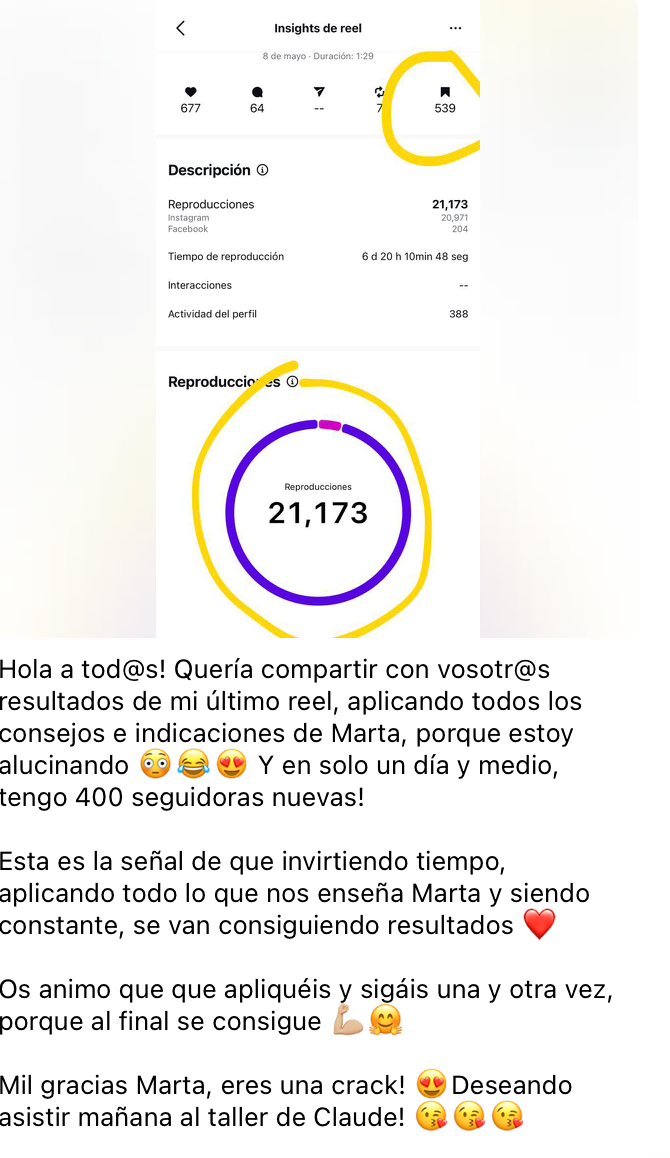 Testimonio de alumn@: 400 seguidoras nuevas en un día y medio