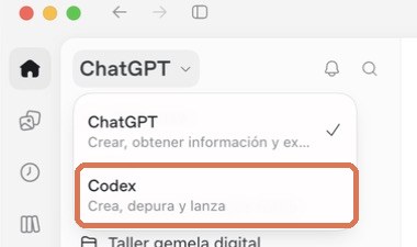 Selector de modo de ChatGPT con Codex marcado