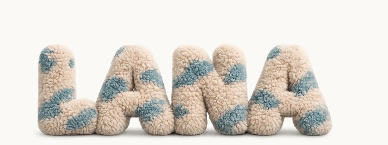 La palabra LANA en letras 3D de lana beige con parches azules