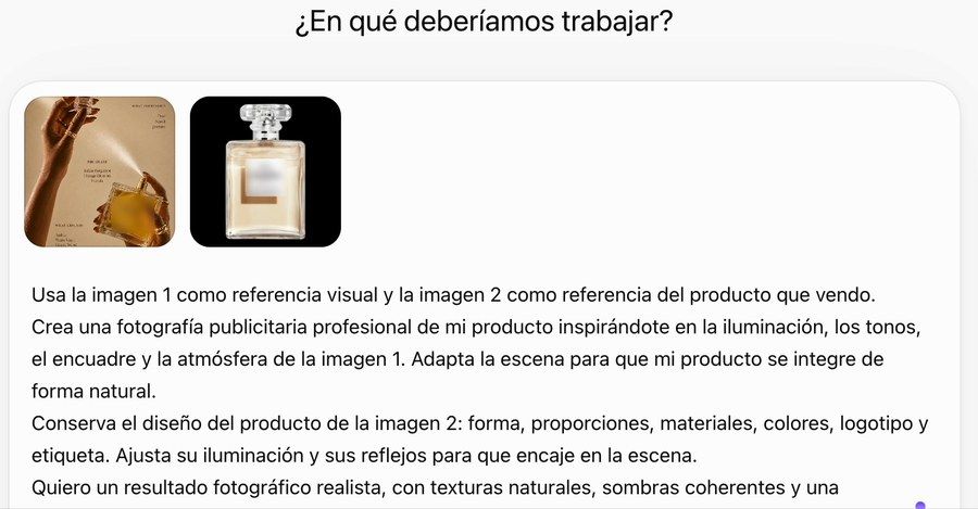 ChatGPT con la imagen de referencia, la foto del producto y el prompt