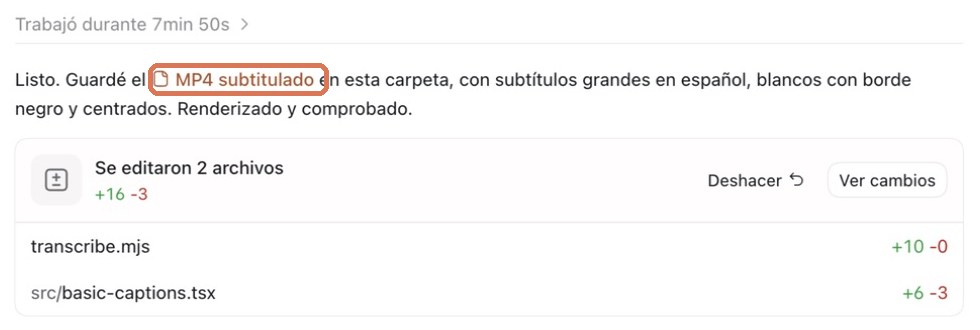 Mensaje de Codex con el MP4 subtitulado guardado