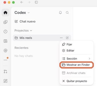 Menú del proyecto con Mostrar en Finder marcado