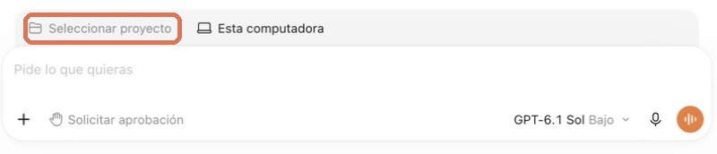 Botón Seleccionar proyecto marcado en Codex