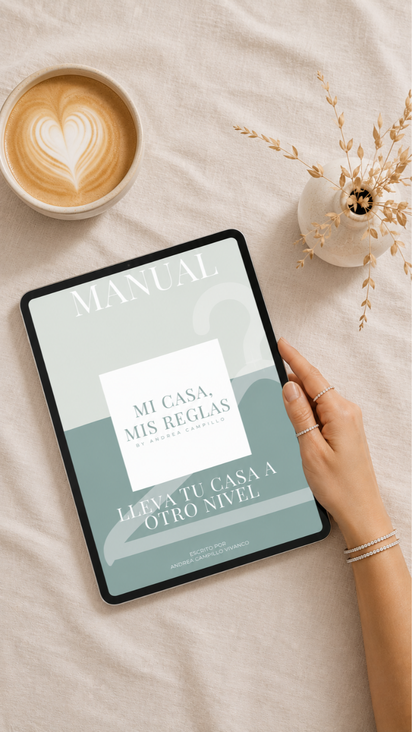 iPad mostrando ebook Mi Casa Mis Reglas con café y eucalipto