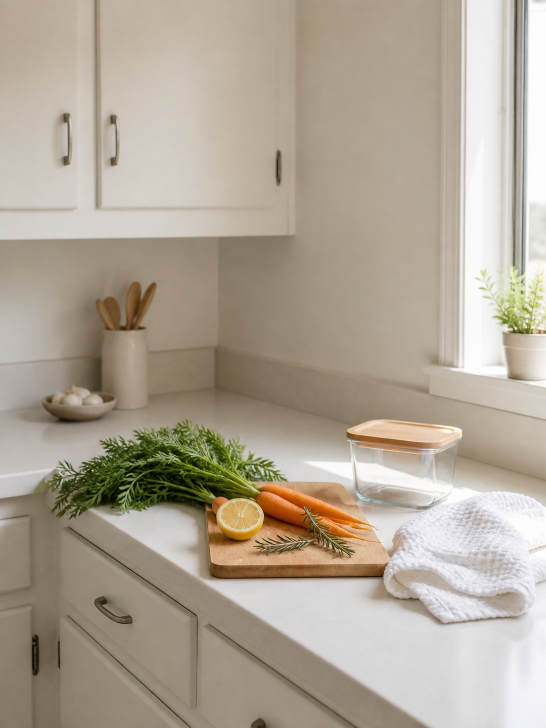 Verduras y limones en tabla de madera con contenedor de vidrio