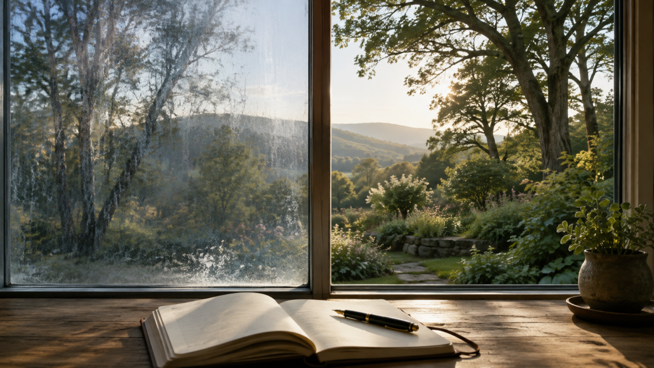 The same peaceful landscape appears through clouded and clear glass, symbolizing the choice between fearful interpretation and clearer perception.